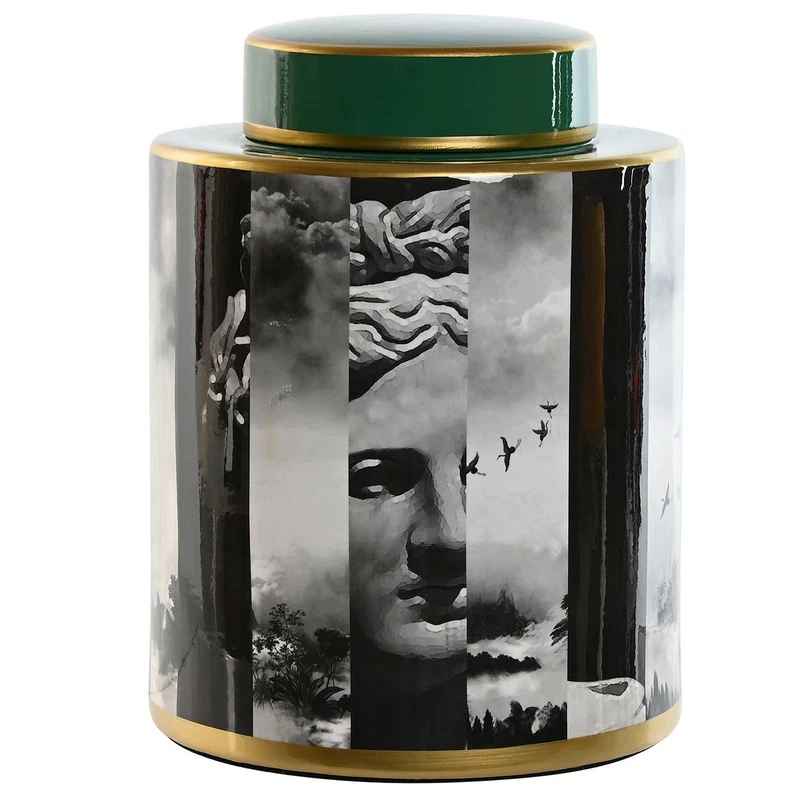 Vaso Arredo in Porcellana Verde con Tappo Contemporaneo Bianco e Nero 27 cm