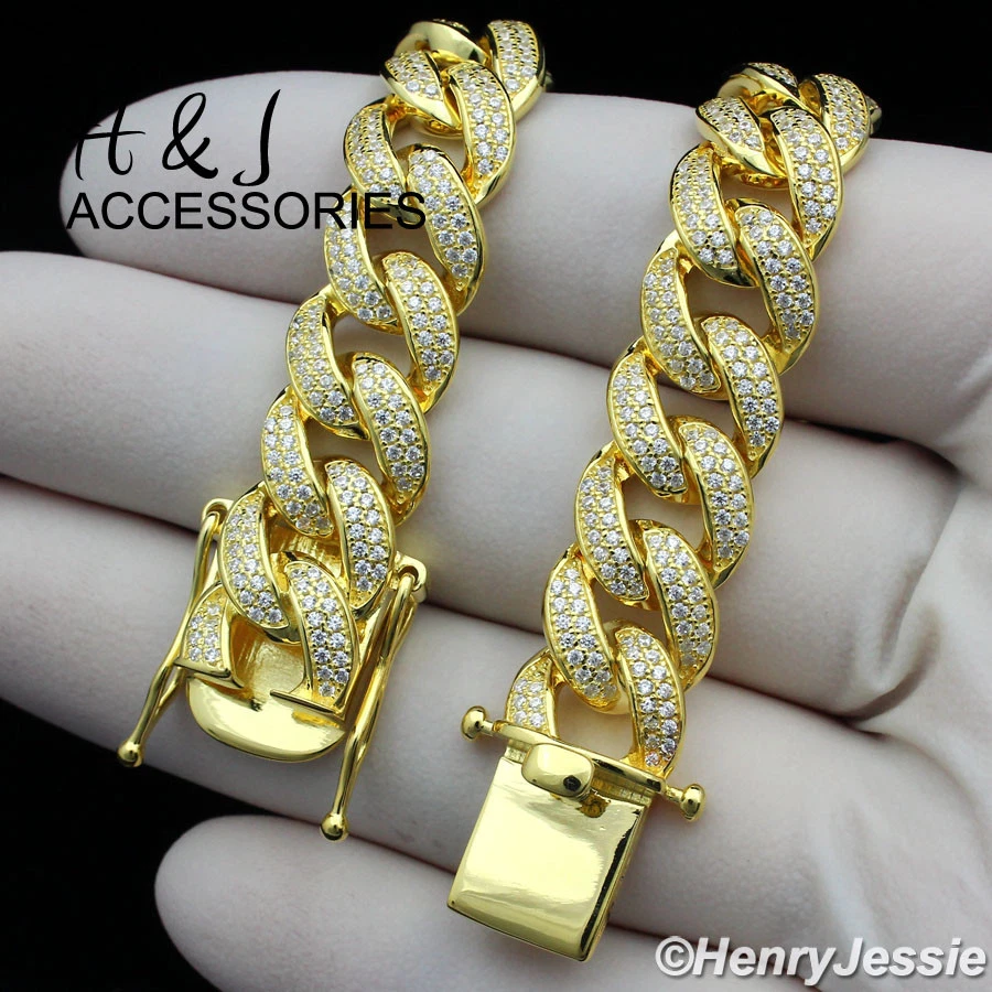 BRAZALETE DE PLATA ESTERLINA 925 DE 8,5" PARA HOMBRE CHAPADO EN ORO CIRCONITA CÚBICA DE MIAMI*GB12 Foto 2 de 4