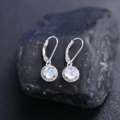 Natural Milky Blue Moonstone Leverback Dangle Drop Halo Earrings 925 Silver Gift