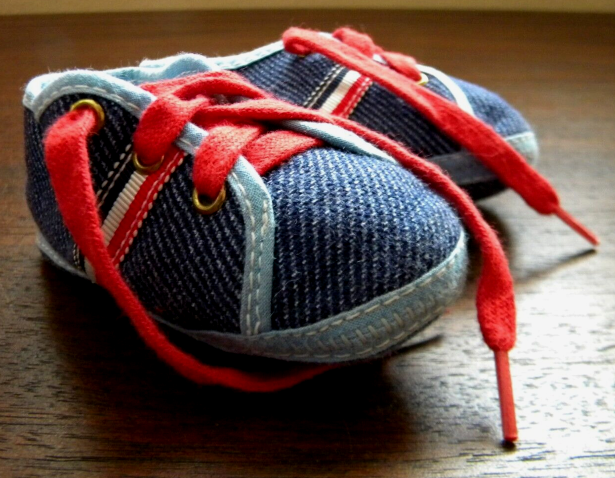 PONY Scarpe culla neonato vintage bambino ragazzo denim stringate ** rosso bianco e blu **