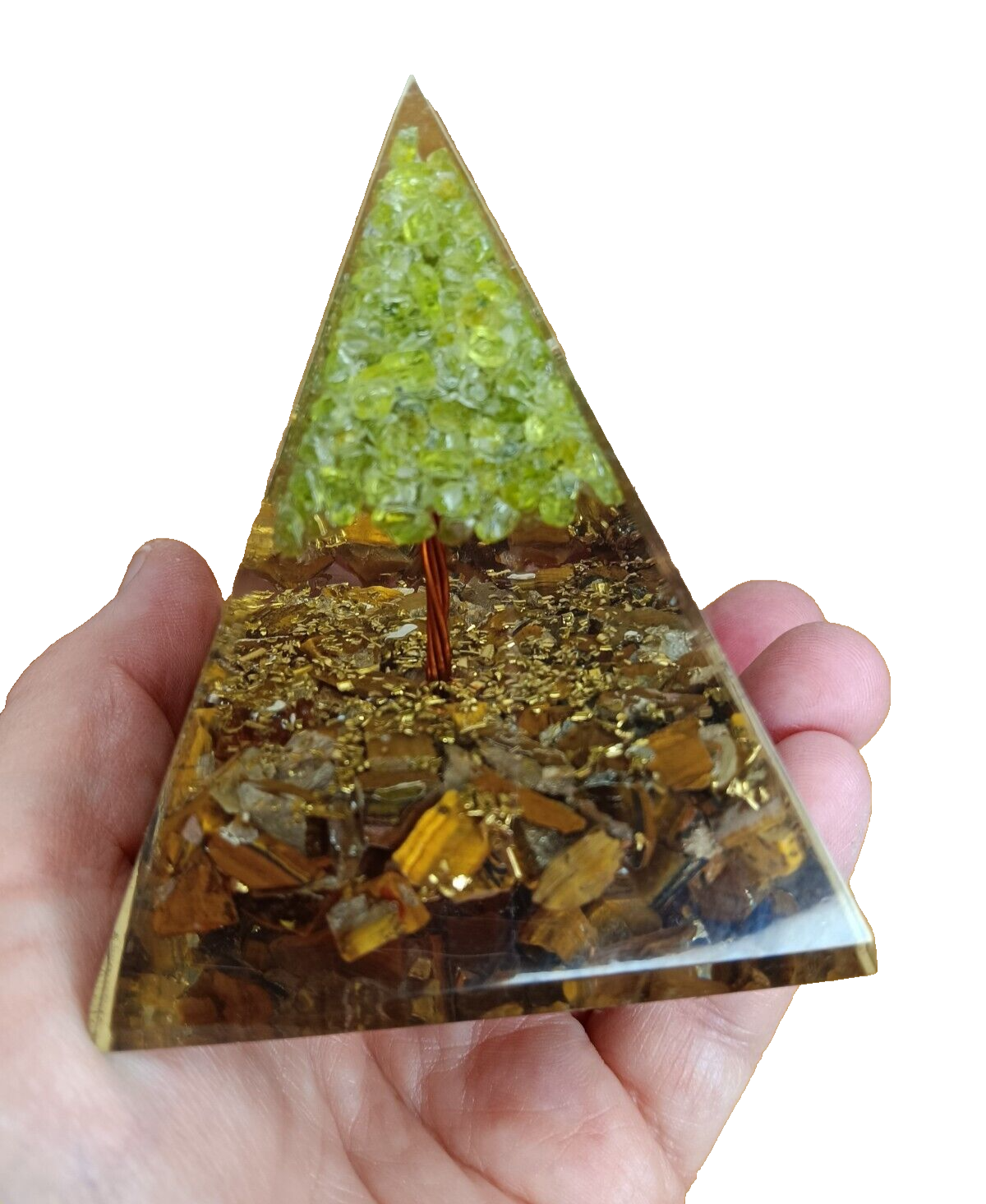 Tree of Life Orgone Pyramid Paperweight Tiger Eye Peridot Resin Figurine Copper