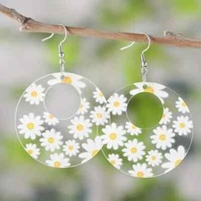Hollow Circle Design Daisy Print Dangle Earrings Elegant Bohemian Vacation Trend