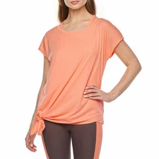 NEW Xersion M Women's Coral Orange Short Sleeve Tie Knot Front Top Shirt