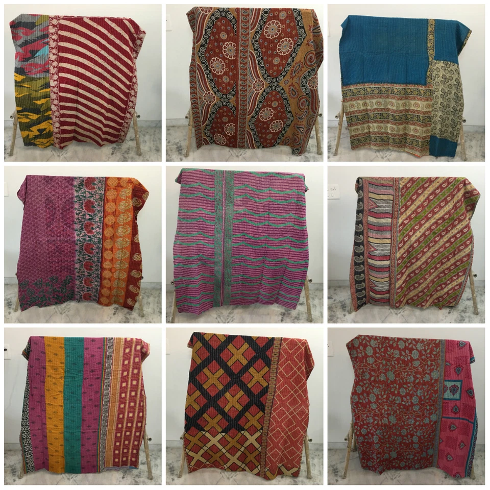 Indian Handmade Vintage Quilt Kantha Bedspread Throw Cotton Blanket Ralli Gudari