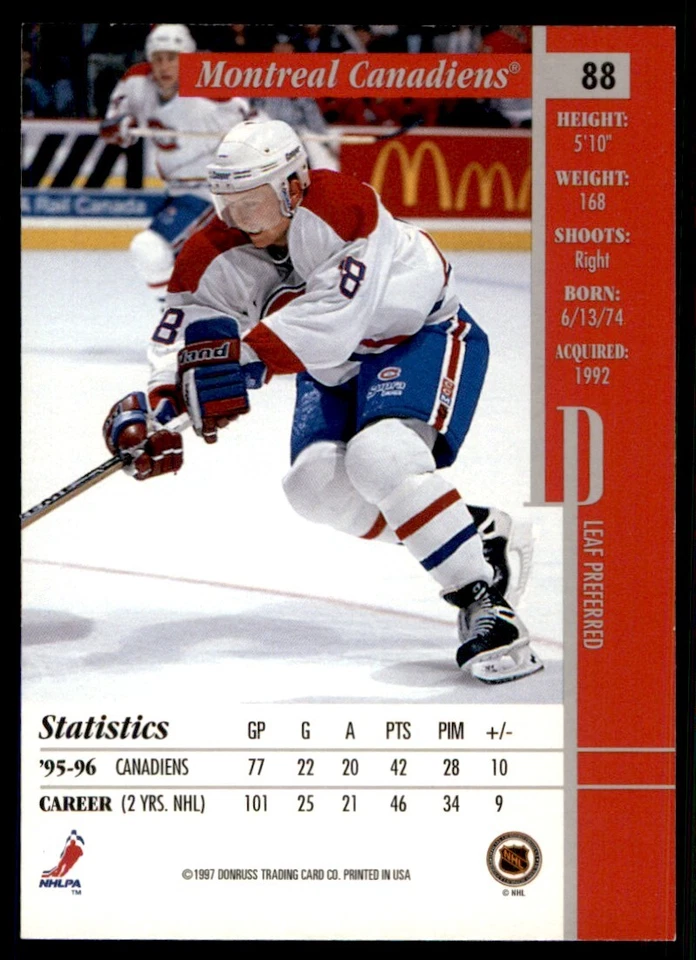 1996-97 Leaf Preferred Valeri Bure Montreal Canadiens #88 - Image 2 of 2