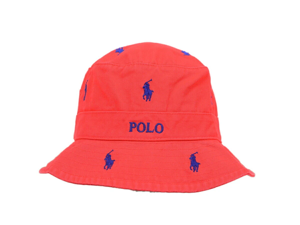 Polo Ralph Lauren Multi-Pony Safari Bucket Cap Hat - Light Red with Blue Ponies