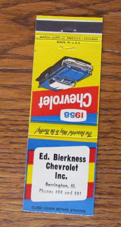 1958 CHEVROLET CAR DEALER MATCHBOOK COVER ED BIERKNESS BARRINGTON