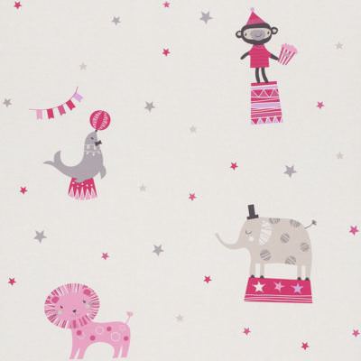 Papier Peint Enfant Rasch Motif Cirque - Rose, Animaux (lion, éléphant), 10 M, Lavable