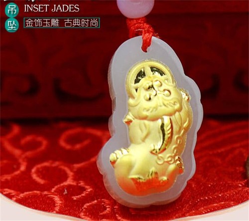 Natural HeTian Jade Solid Gold Carved Coin PiXiu Lucky Pendant Amulet Necklace - Picture 4 of 7