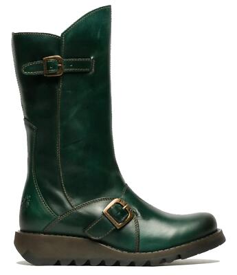 Fly London Damen Grün Mes 2 Stiefel Keilabsatz Schnalle Wadenhoch Leder Zip