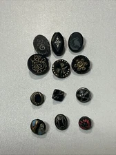 (12) Various Antique Black Mourning Glass Buttons Tunnel Shank Fancy X20