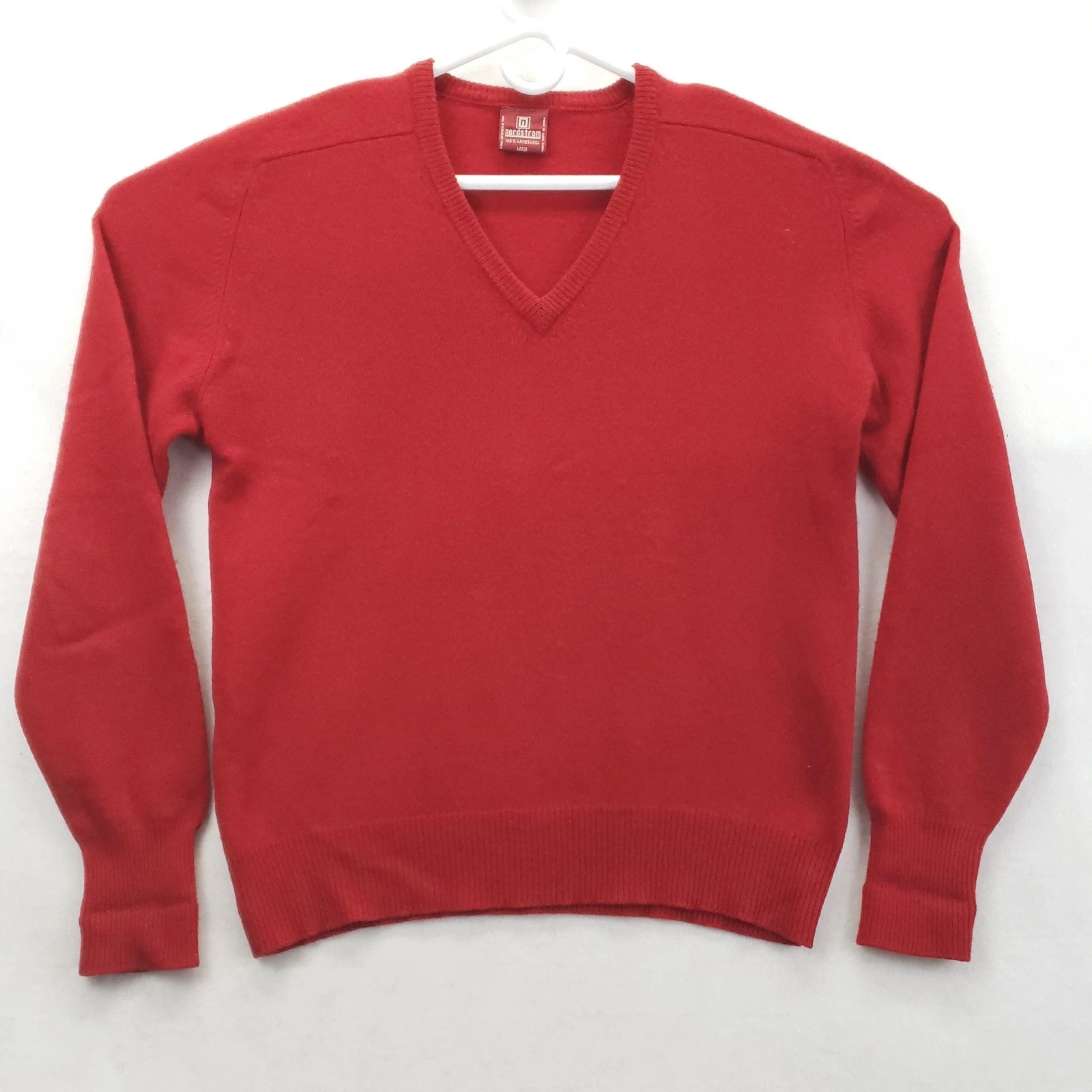 Vintage Nordstrom Sweater Mens Large Red V Neck 100% Lambswool Knit Pullover