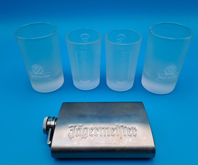 Jägermeister Flachmann + 4 Gläser Konvolut gut