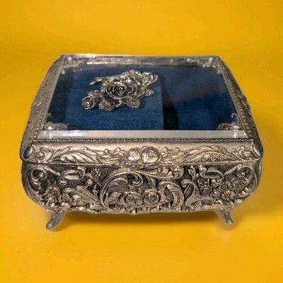 Vtg Silvertone Ormolu Jewelry Trinket Box Revolving Rose Musical Memory 3.5x4''