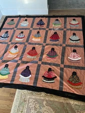 Vintage Quilt Top Native American Women In Ponchos Hand Appliqué Colorful