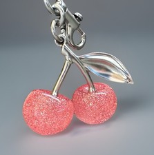 Pink Glitter Cherry Bag Charm Silver Hardware Keychain Dust Bag Included