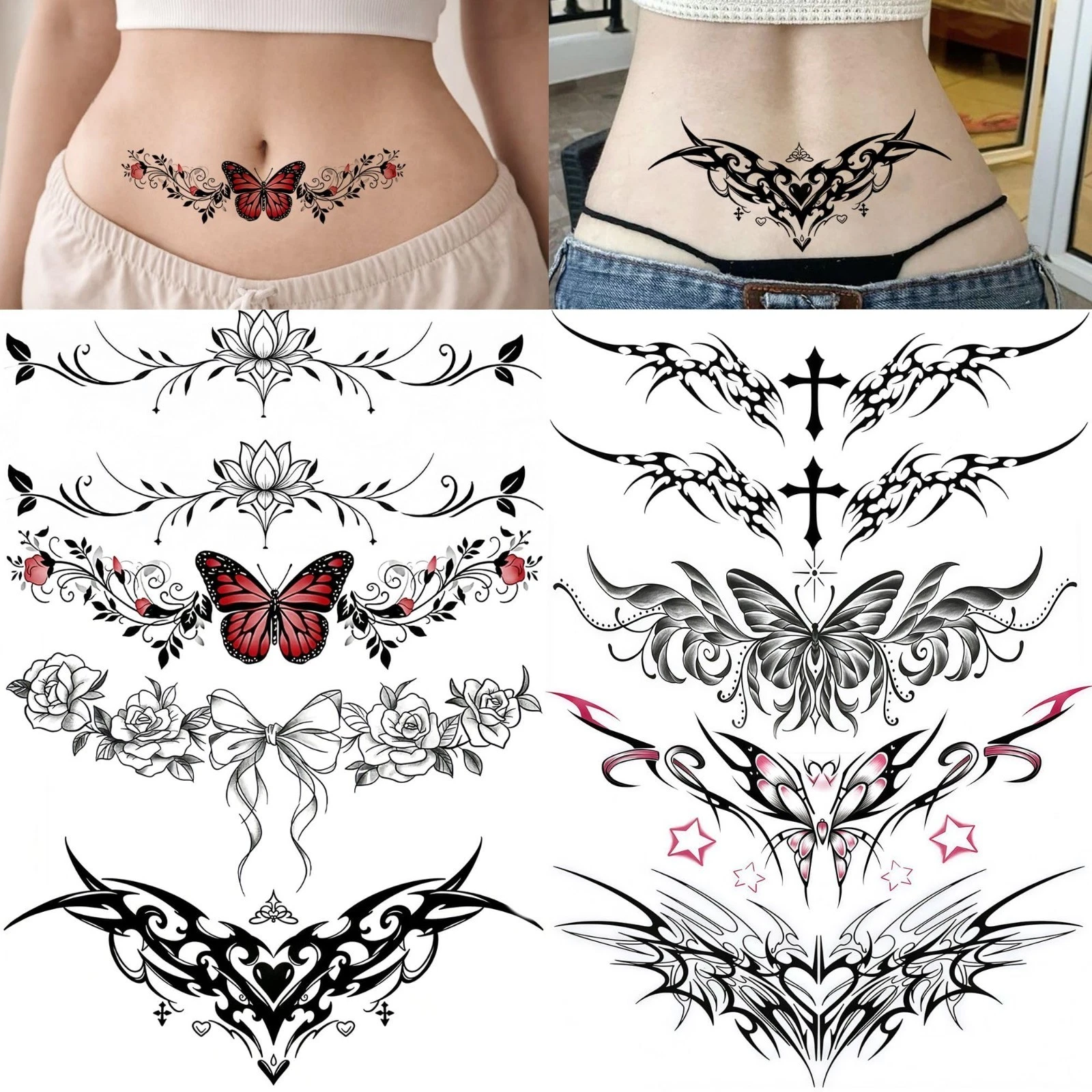8 Sheets Tramp Stamp Waist Tattoos Lotus Butterfly Temporary Tattoos For - product detail image 1