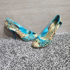 Y2k Vtg 90's BAKERS 'Lucinda’ Leopard Cheetah Print Teal Open Toe Hi Heels Sz7.5