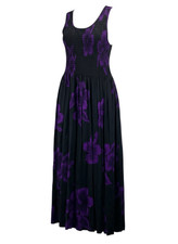 Black Purple Hibiscus Floral Tropical Smocked Bodice Sleeveless Maxi Dress L