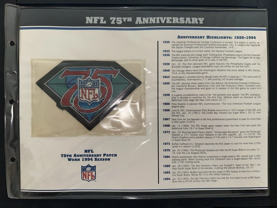 75th Patch Willabee Ward Anniversary Patch Collection NFL NEW 1994 Season w Card - Image 2 of 3