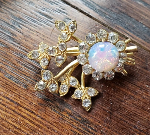 Vintage Faux Opal Rhinestone Brooch Flower Costume Jewelry Pin