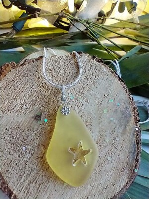 Hand Carved Starfish Yellow Sea Glass Pendant Silver Necklace 18''