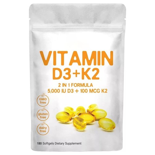 Vitamina D3 5000IU Con K2 100 Mcg, 180 Capsula Blandas | K2 Mk7 Vitamina K2