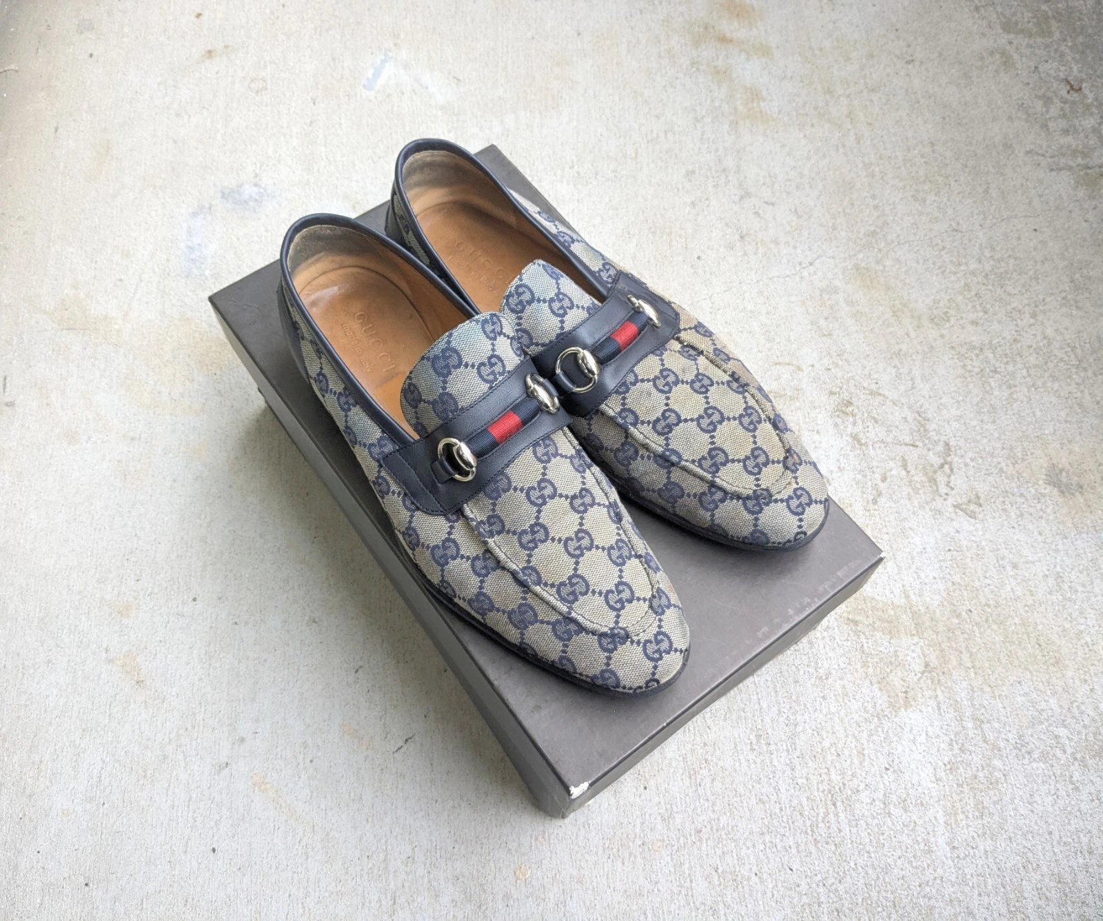 Mocassins Gucci Horsebit monogramme logo toile bleu marine homme 8,5 cuir snaffle Italie