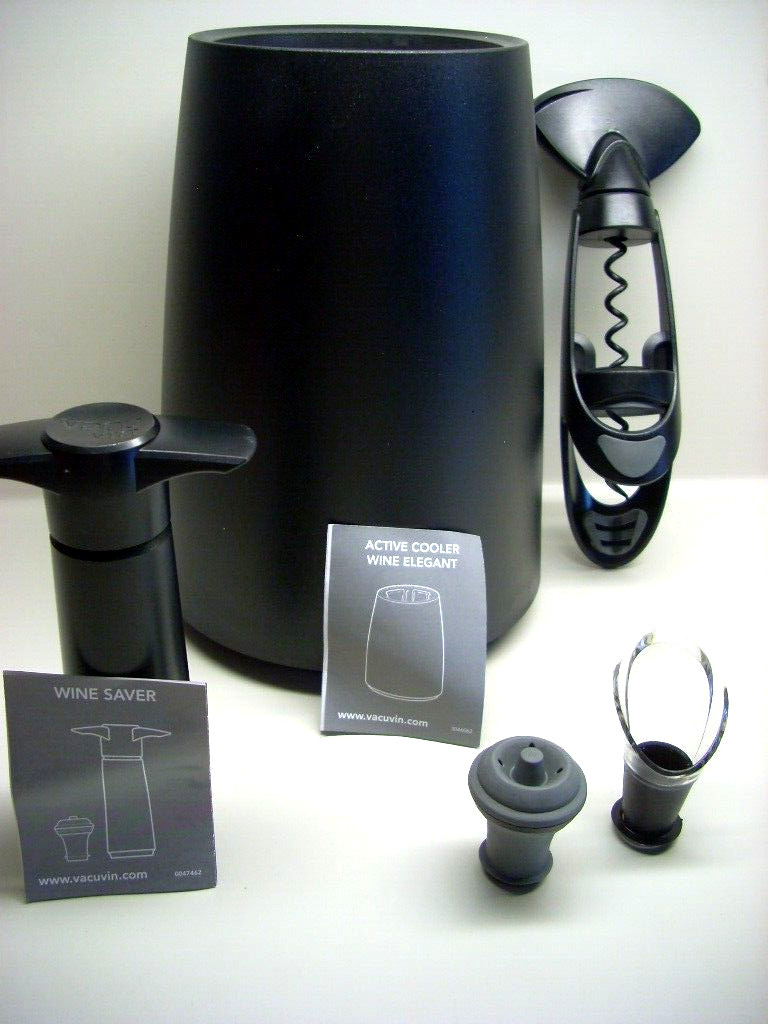 VACU VIN WINE SET ELEGANT 5 PIECE,COOLER SLEEVE, OPENER, VACUUM PUMP, STOPPERS