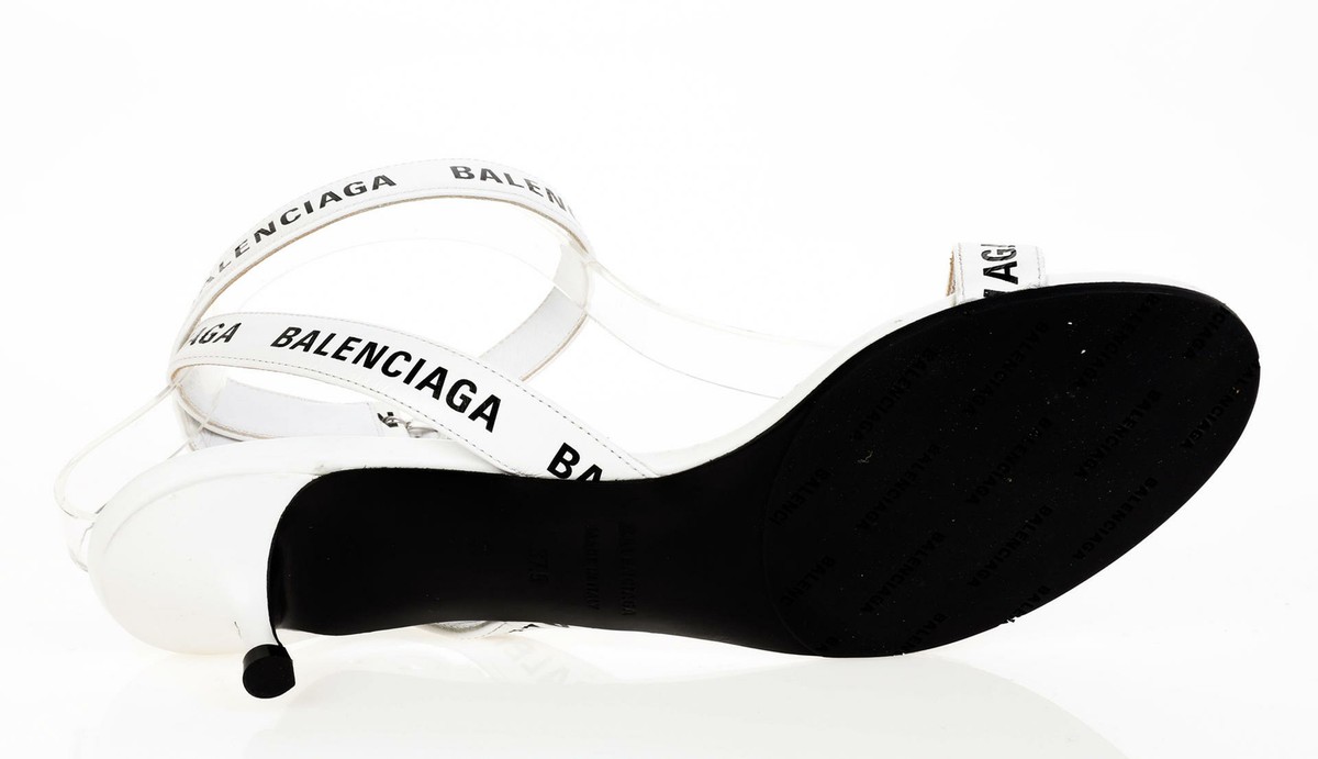 BALENCIAGA Logo Ankle Strap Slingback Sandals In White Black