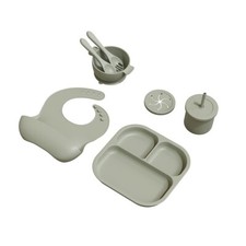 Silicone Baby Feeding Set, Suction Plate Bowl Set, Self 8 Piece Gift Set Olive