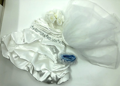 Build A Bear 18'' Bridal Wedding Dress  Veil, Sequin Shoes Bouquet Blue Garter