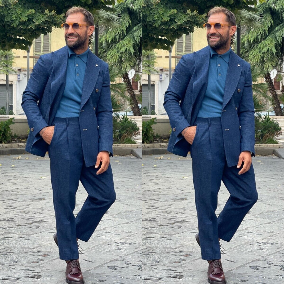 Denim Men's Suits Double Breasted Jacket Peak Lapel Blazer