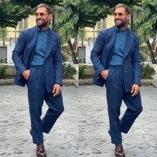 Denim Men's Suits Double Breasted Jacket Peak Lapel Blazer Business Casual Wear