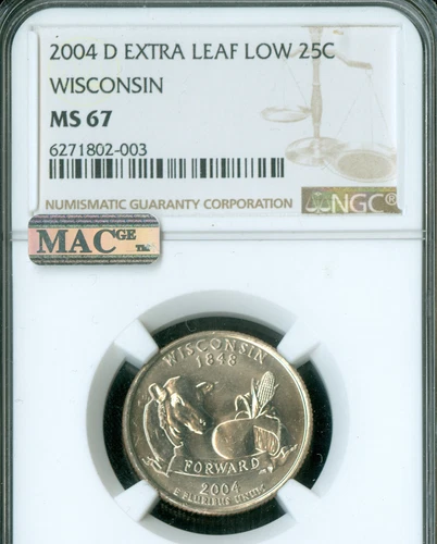 2004 D WISCONSIN STATE QUARTER EXTRA LEAF LOW NGC MS67 PQ MAC SPOTLESS .