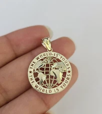 Real 10k The World is Yours Map Pendant Charm Yellow Gold Diamond Cut 10kt