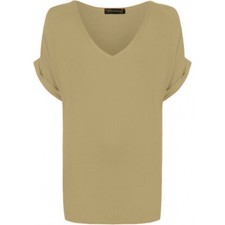 Womens V Neck Turn Up T-shirt Ladies Oversized Baggy Sleeve  Loose Top UK 8-26