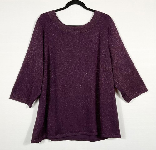 Bob Mackie Top Damen Gr. 2X Lila Metallic Faden Pullover Tunika Langarm