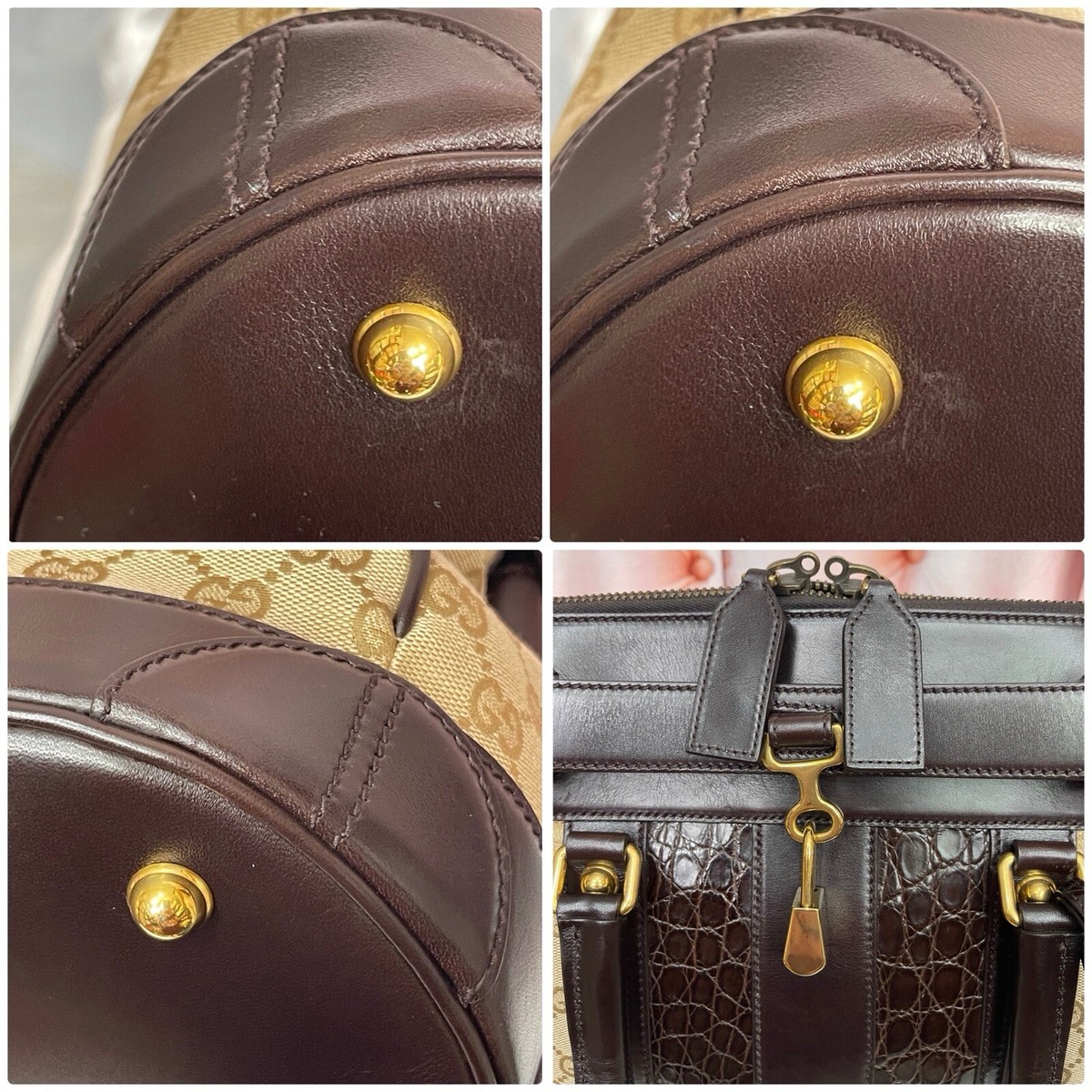 Gucci Monogram Crocodile Web Secret Top Handle Satchel Brown