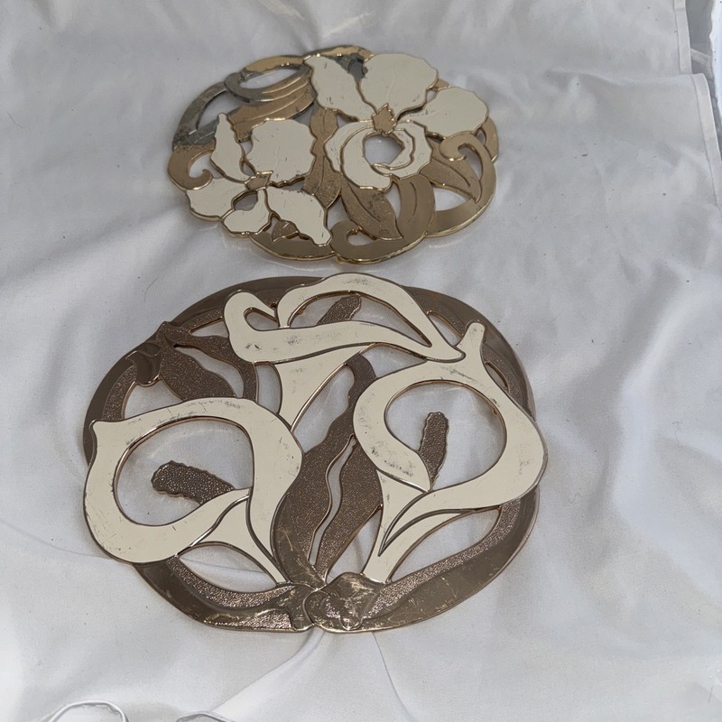 Vintage William  A. Rogers Gold Tone Metal Calla Lily & Iris Footed Trivet  Pair