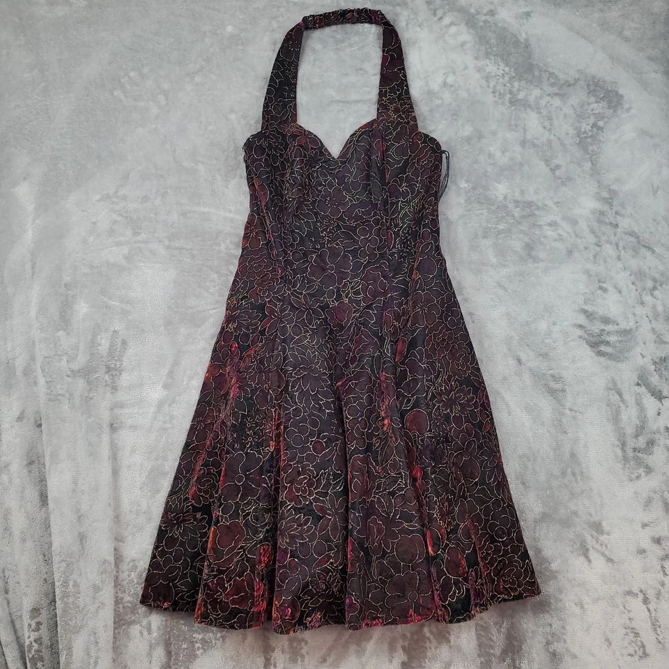 90-е винтажное черное бархатное мини-платье Roberta женское размер 5/6 цветочный тюль с бретелью через шею - Изображение 3 из 4