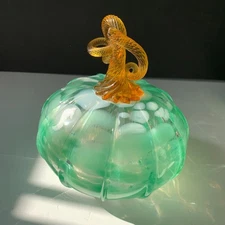 Hand Blown GREEN WHITE SWIRL Glass GOLD STEM Pumpkin Table Accent Fall Decor