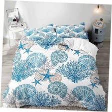 3PCS Coastal Bedding Set, White Duvet Cover Queen Coral Conch No Comforter