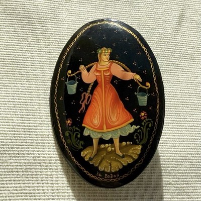 Russian Hand Painted Milkmaid Water Bearer Brooch Pin Black Lacquer Vintage