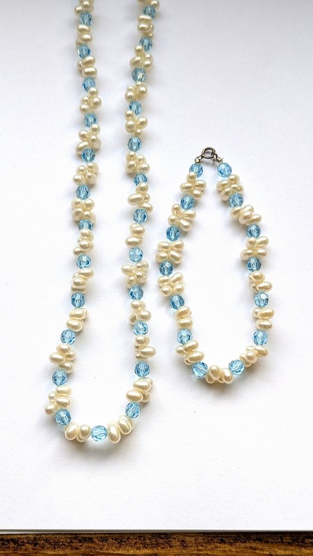 925 Sterling Silver Seed Pearl Aqua Glass Necklace Bracelet Set