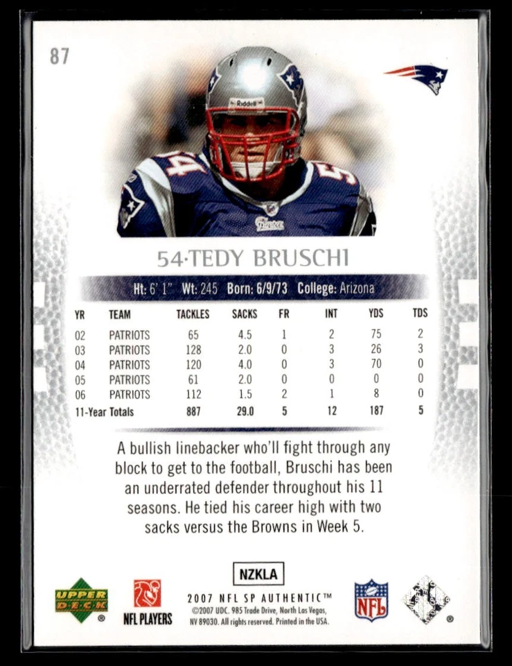 2007 SP Authentic #87 Tedy Bruschi Card New England Patriots - Image 2 of 2