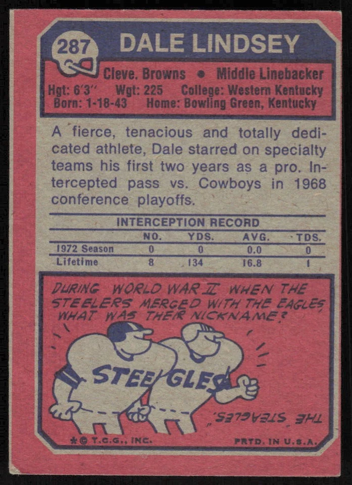 1973 Topps #287 Dale Lindsey RC - $1 SHIPPING (JB4) - Image 2 of 2