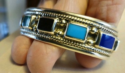 Sterling Silver Bangle Gemstone bracelet  925 Marked 46.3 Gms