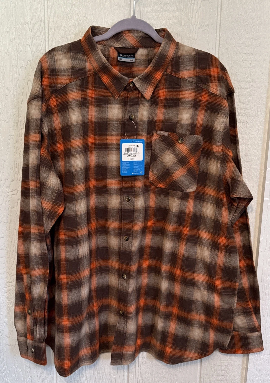 NWT Columbia PHG Men’s Button Down Plaid Flannel Shirt XXL Orange Brown Outdoors
