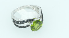 Modern Sterling Silver Oval Peridot  Black Spinel Bypass Ring